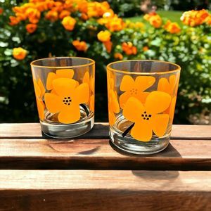Orange Poppy Lowball Rocks Bar Glass 8 Ounce Flowers  3 3/4 Inch Set of 2